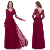 Burgundy A-line Lace V-neck Chiffon Open Back Long Bridesmaid Dresses
